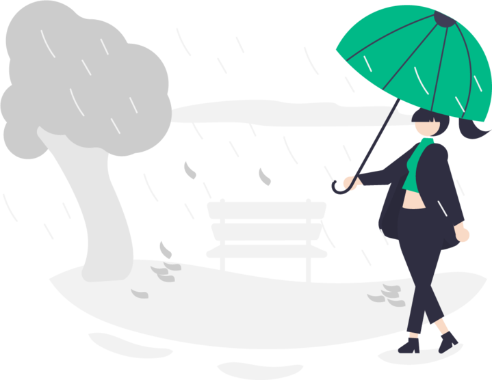 Illustration einer Frau mit Regenschirm bei Regen und Wind in einem Park