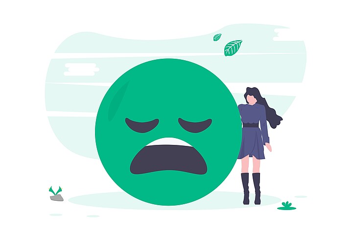 Illustration einer Frau neben einem Erschöpft aussehenden Emoji