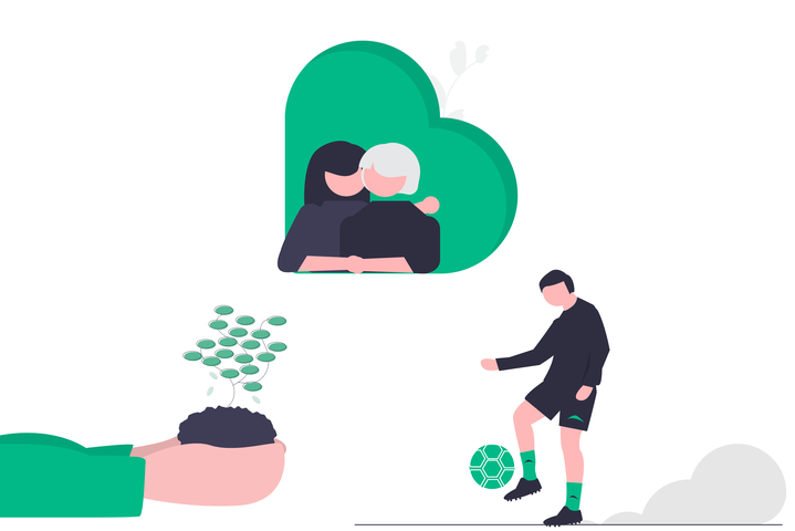 Illustration von Judendlichen die sich ehrenamtlich engagieren, z. B. den Senioren helfen oder Bäume pflanzen.