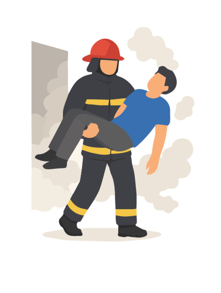 Illustration von einem Feuerwehrmann der eine Person trägt.