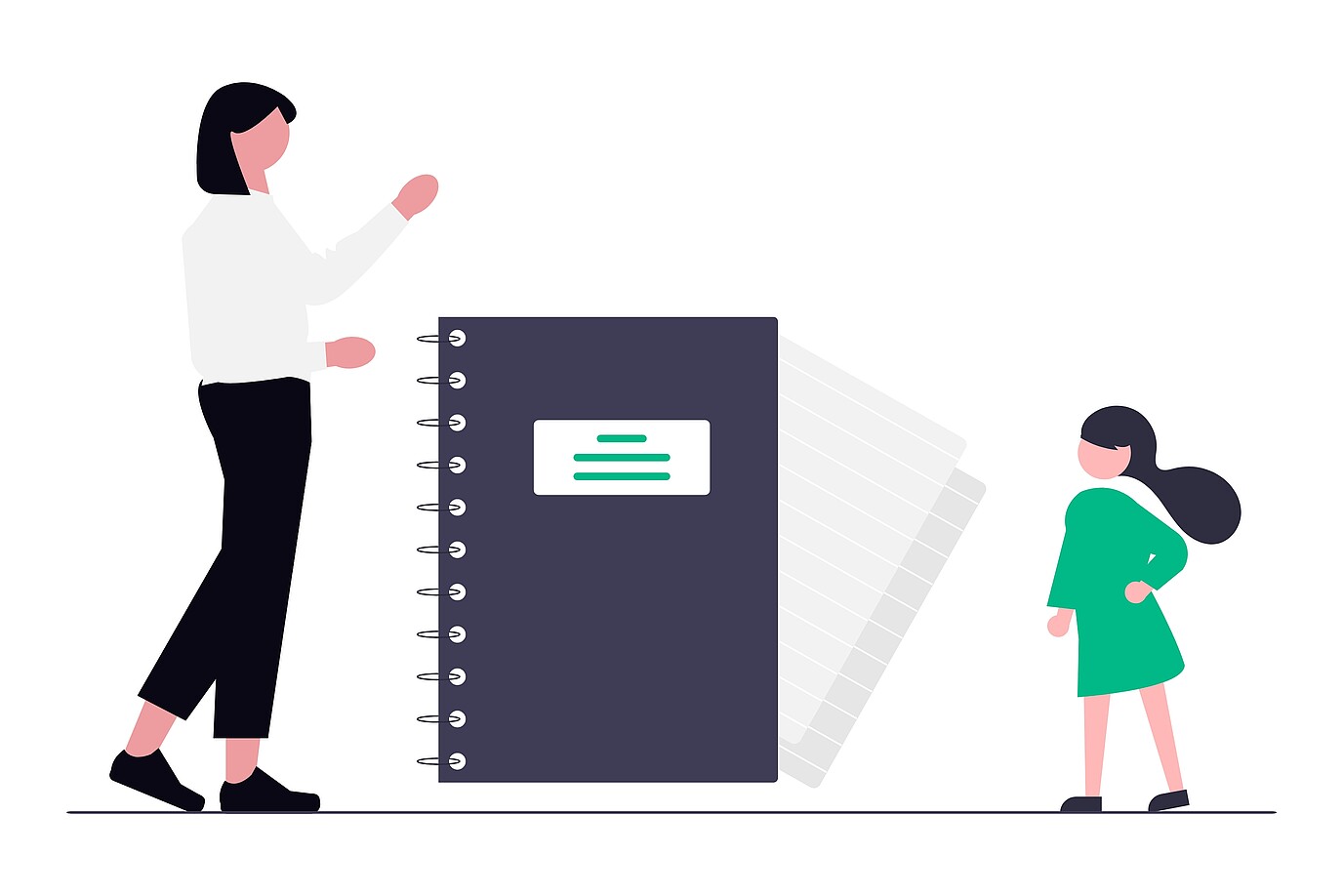 Illustration eines Kindes und einer erwachsenen Person vor einem großen Ringbuch als Symbol für Schulsozialarbeit.