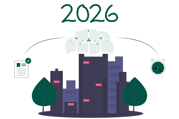 Illustration „2026“ mit Stadt, Windrädern, Bäumen, Checkliste und Uhr – Symbol für Nachhaltigkeit und neue Vorgaben.