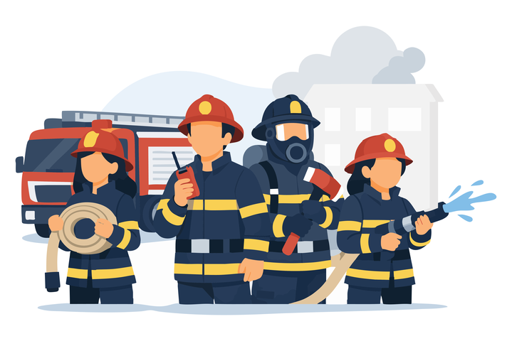 Illustration von jungen Feuerwehrleuten bei der Arbeit.