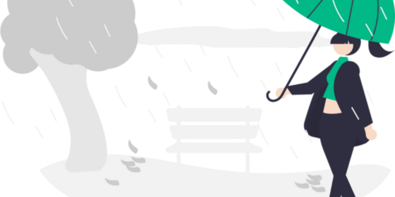 Illustration einer Frau mit Regenschirm im Park; es ist windig und regnet