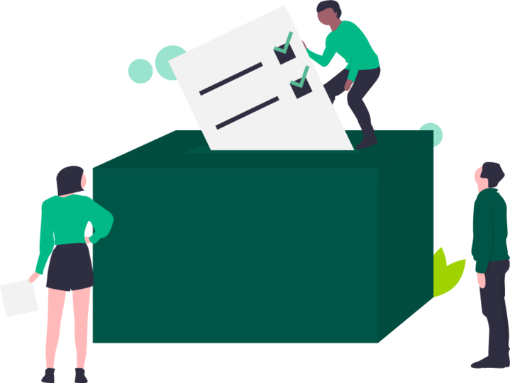 Drei Personen mit einer Wahlbox. Eine der Personen wirft einen Wahlzettel rein.