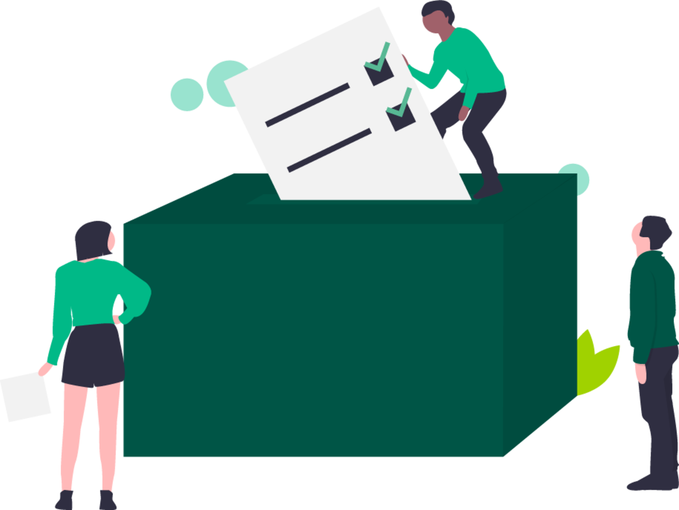Illustration einer Wahlurne mit einem Stimmzettel und drei Wahlhelfern