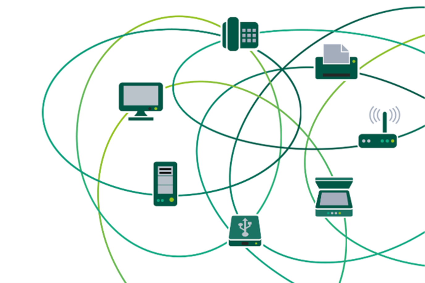Illustration verschiedener Elektronikgeräte wie Computer, Telefone, Server und WLAN-Router, die alle miteinander verbunden sind