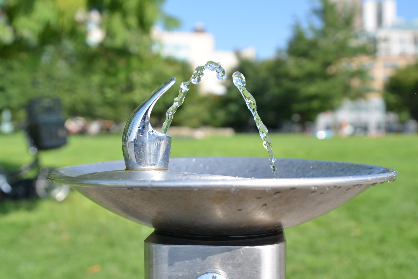 Ein Trinkbrunnen der in einem Park steht.