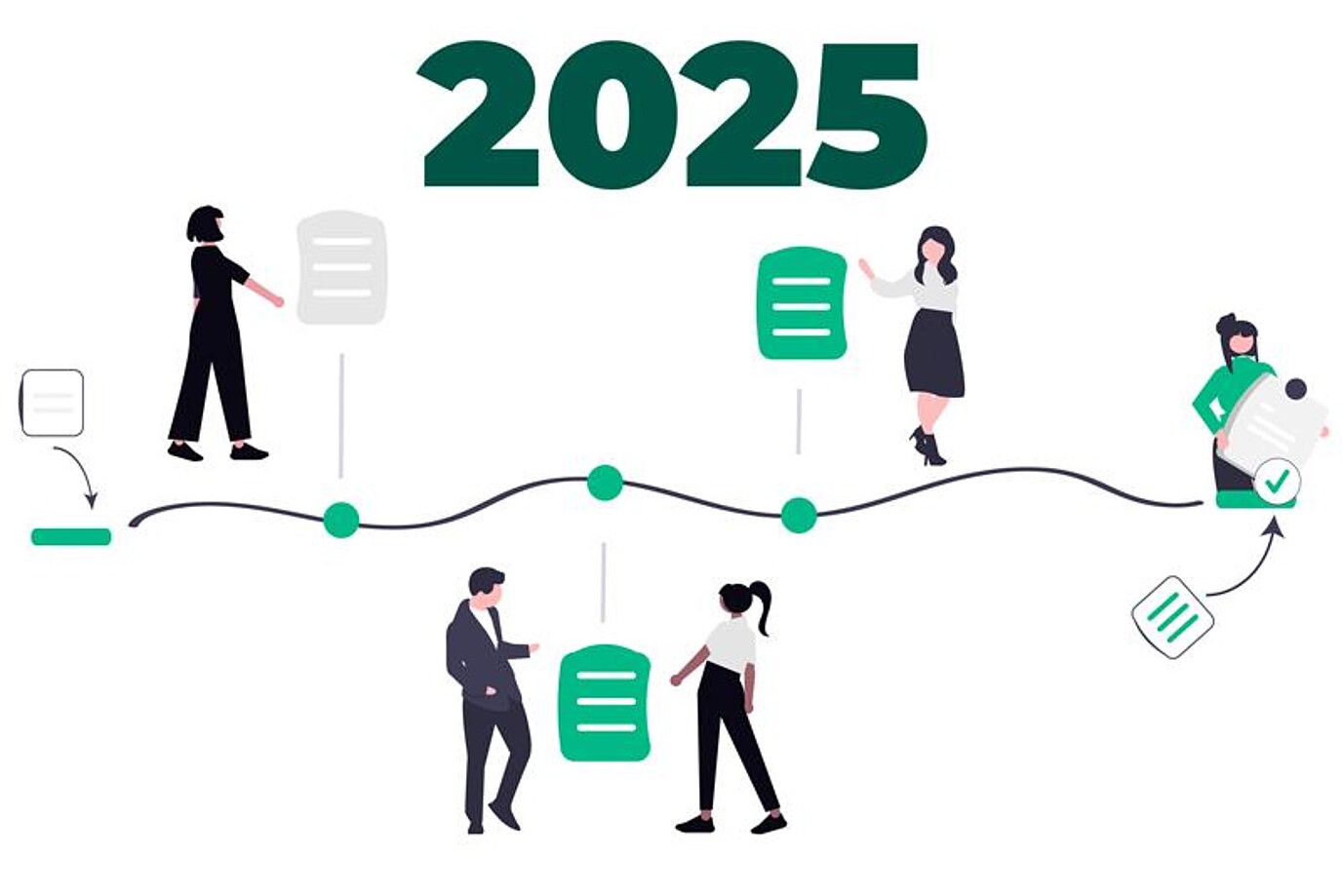 Menschen laufen auf einem Zeitstrahl eines Jahres mit Dokumenten in der Hand