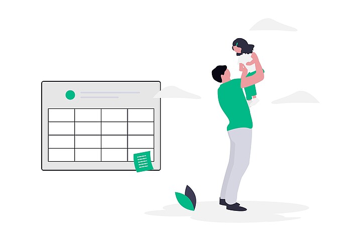Illustration einer Person, die ein Kind auf den Armen trägt, neben einem Kalender mit markiertem Eintrag.