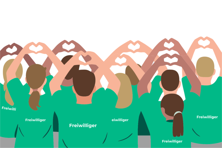 Eine Gruppe von Menschen die mit ihren Händen Herzen formen und "Freiwilliger" T-Shirts anhaben.