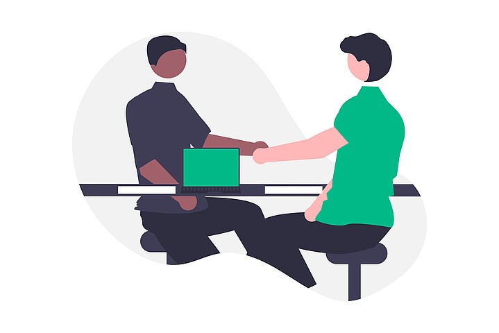 Illustration von einem Vorstellungsgespräch von sich zwei Personen gegenübersitzen und die Hand geben.