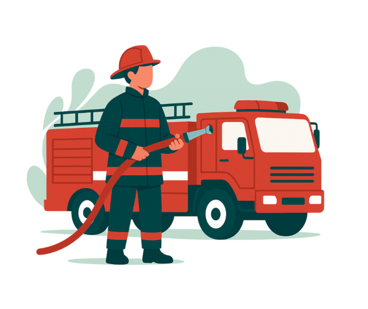 EIn Feuerwehrmann mit einem Schlauch vor einem Feuerwehrwagen.