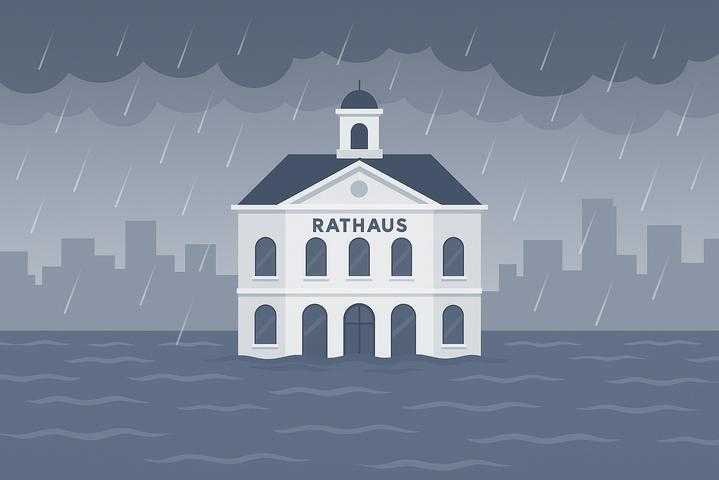 Illustration von einem Rathaus im Regen und überschwemmt.