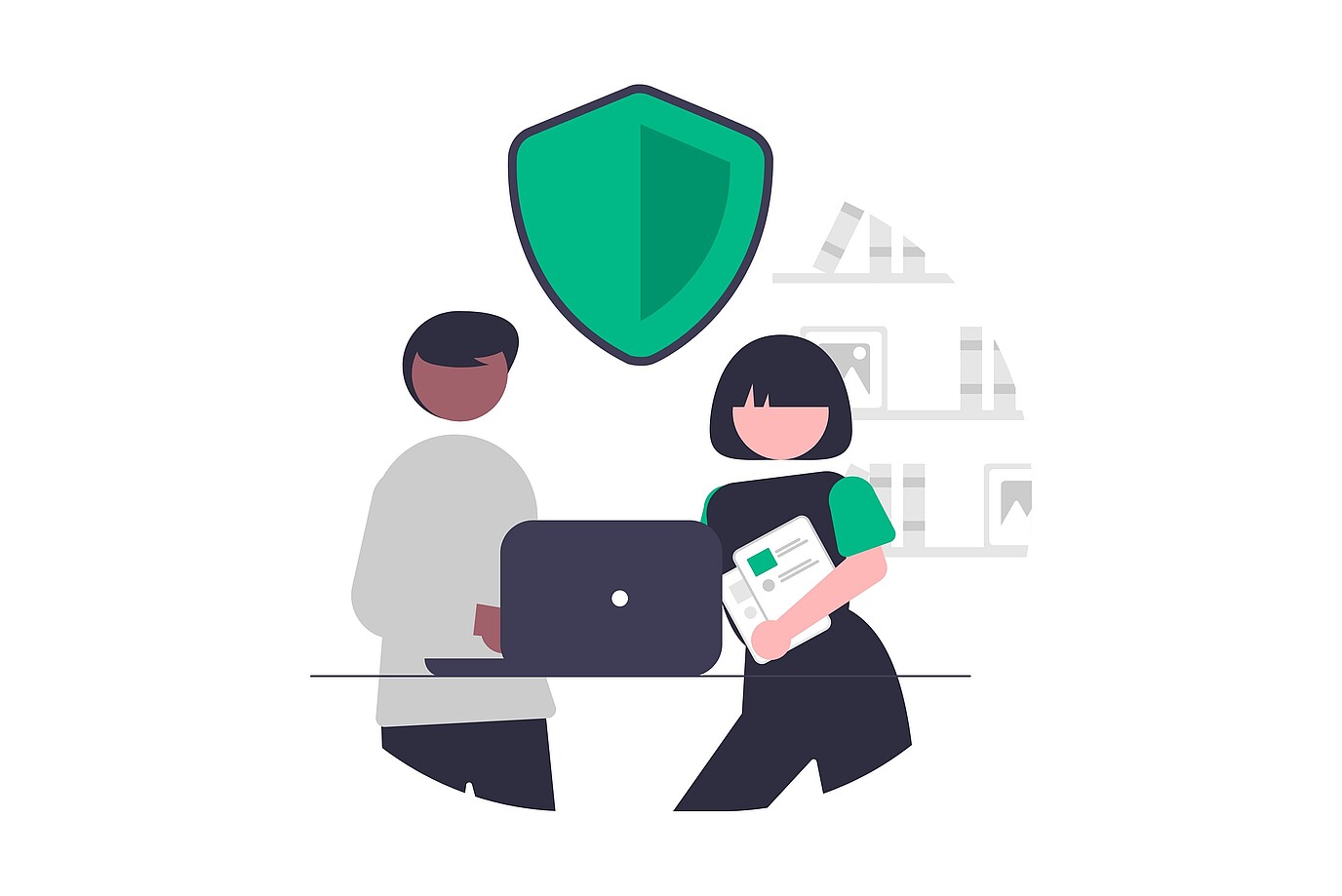 Illustration zweier Personen an einem Laptop; eine Person hält einen Ausweis in der Hand. Ein Schutzschild über ihnen symbolisiert Sicherheit und Datenschutz.