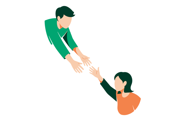 Illustration wo ein Mann einer Frau helfenden die Hände ausstreckt und die Frau danach greift.