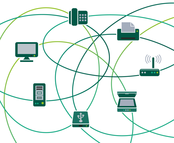 Illustration verschiedener Elektronikgeräte wie Computer, Telefone, Server und WLAN-Router, die alle miteinander verbunden sind