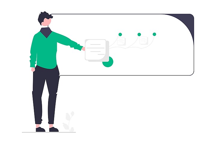 Illustration eines Lehrers wie er auf eine Grafik auf einer Tafel zeigt.