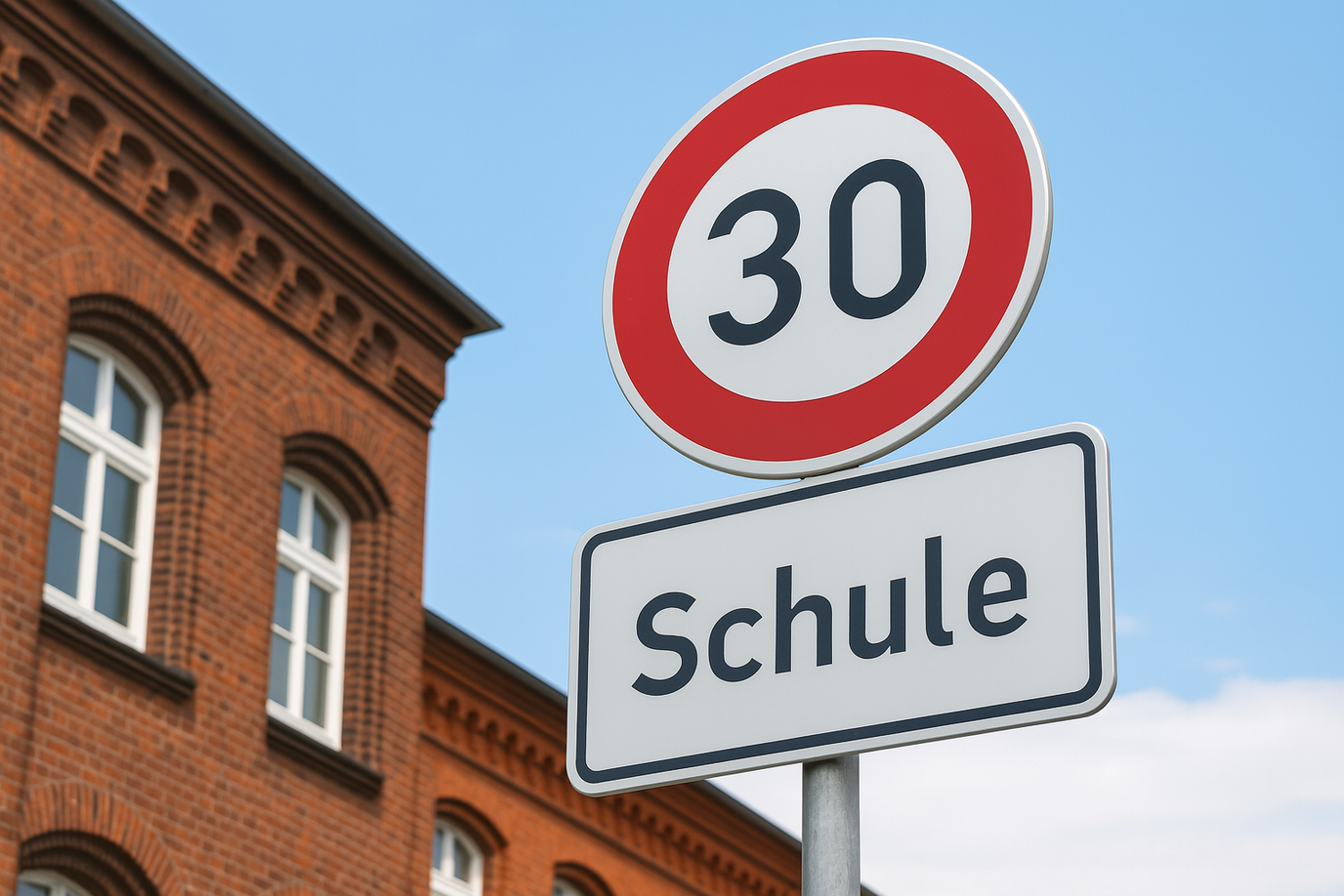 Ein Verkehrsschild mit 30 km/h Geschwindigekitbegrenzung und dem Wort Schule da drunter.