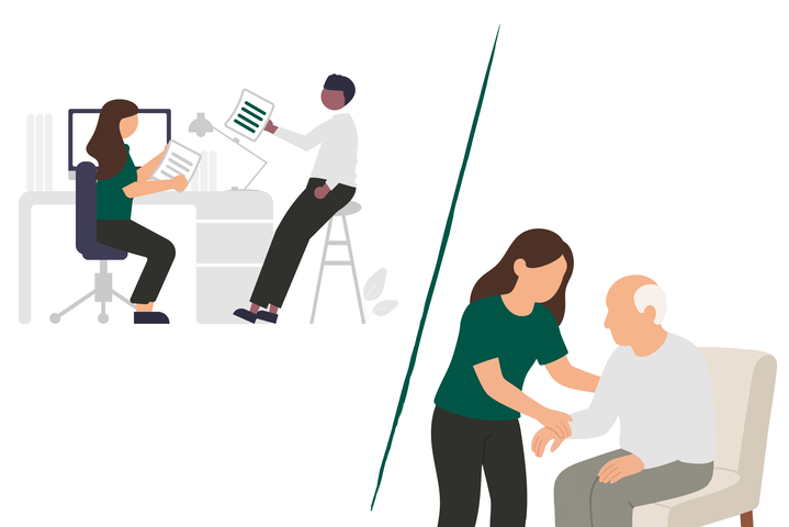 Illustration zweier Szenen: Links arbeiten zwei Personen im Büro miteinander an Dokumenten, rechts unterstützt eine Frau einen älteren Mann beim Aufstehen aus einem Stuhl.