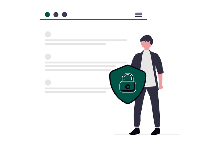 Illustration einer Person vor einer Webseite mit einem Schutzschild und Schloss als Symbol für Betrugsprävention und Datensicherheit.