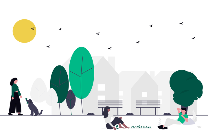Illustration einer begrünten Wohnumgebung mit Menschen, Bäumen und Sonne als Symbol für Klimaanpassung und Hitzeschutz.