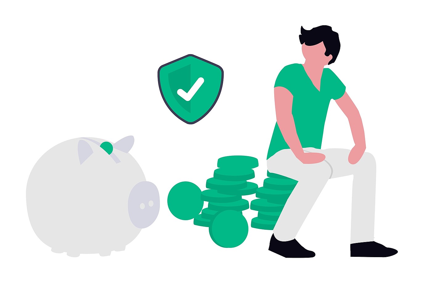 Illustration einer sitzenden Person neben einem Sparschwein und Geldmünzen, darüber ein Schutzschild mit Häkchen.