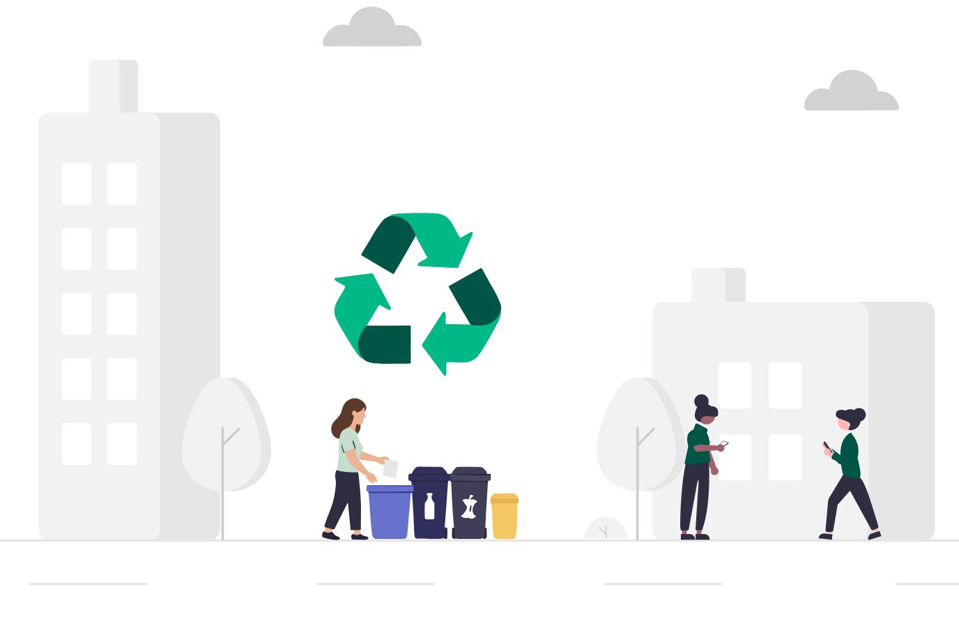 Illustraion von einer Person neben Mülltonnen mit einem Recycling Symbol oben drüber.