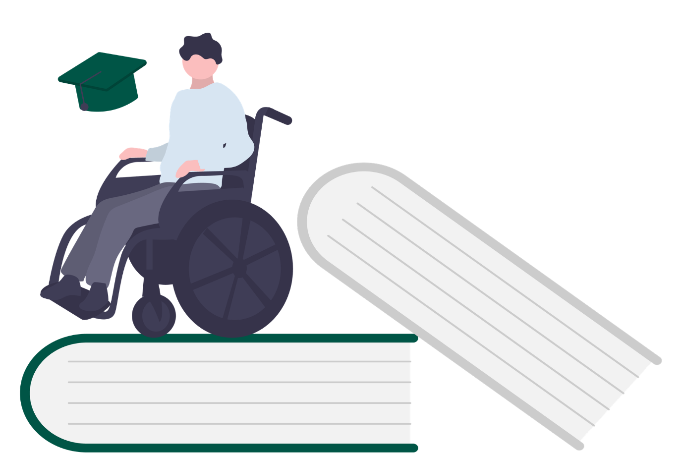 Illustration einer Person im Rollstuhl mit Abschlusshut auf einem Stapel Büchern.