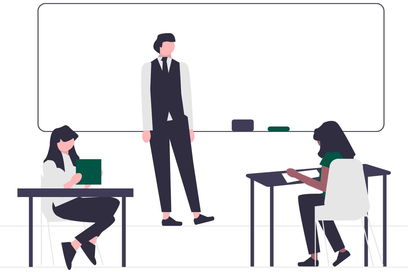 Ein Lehrer steht vor einer Tafel und zwei Schülerinnen.